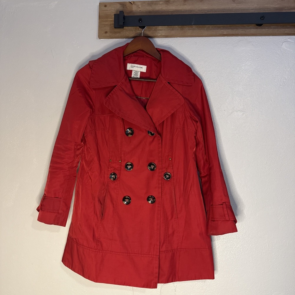 Jones New York Sport Red Double Breasted Trench Coat Lined Women's M Medium‎